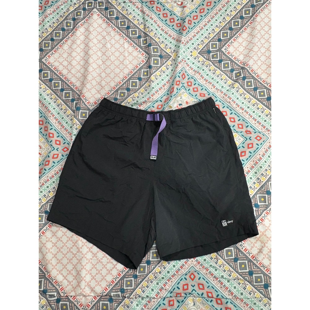 Obey Mens Easy Relaxed Fit Shorts Black Purple Belt Size Small Nylon Style